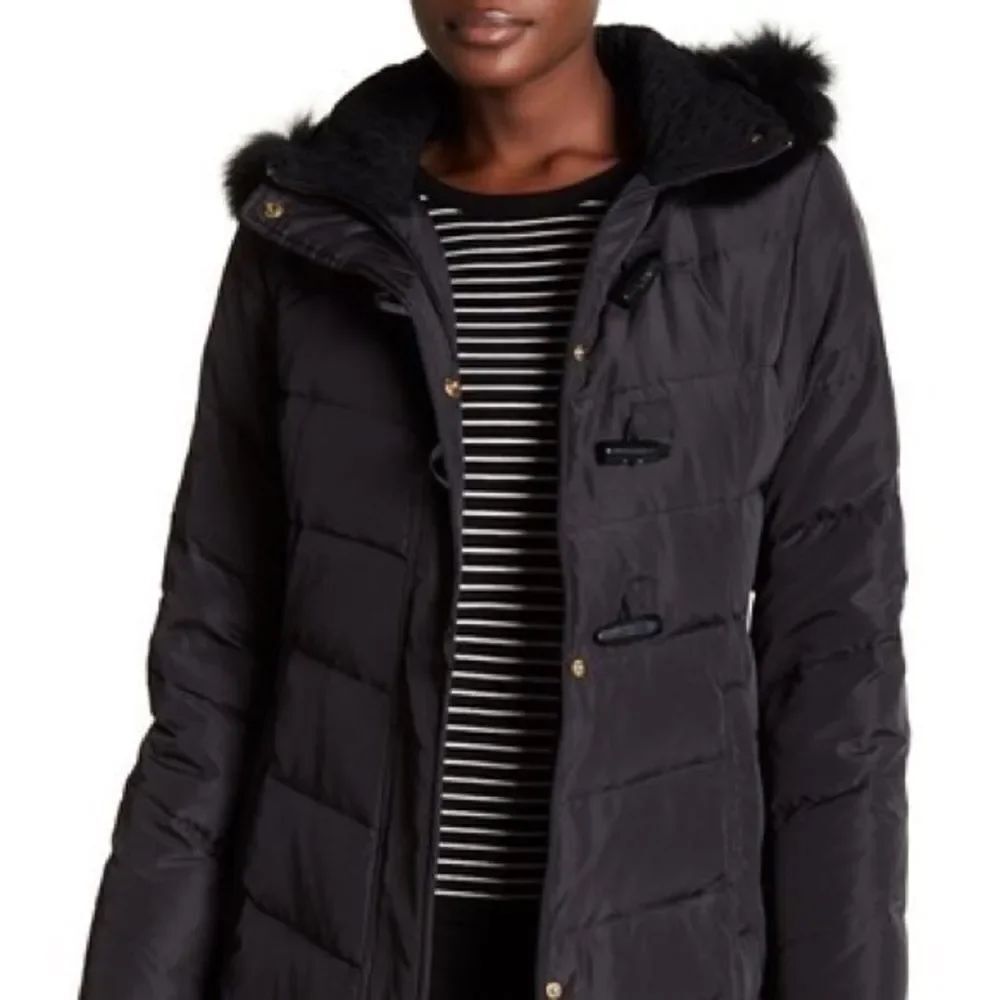 Ellen Tracy Black Faux Fur Hooded Puffer Coat